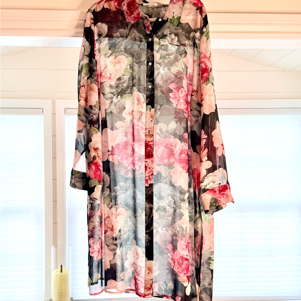 Calvin Klein Sheer Multicolor Floral Button Down Long Blouse